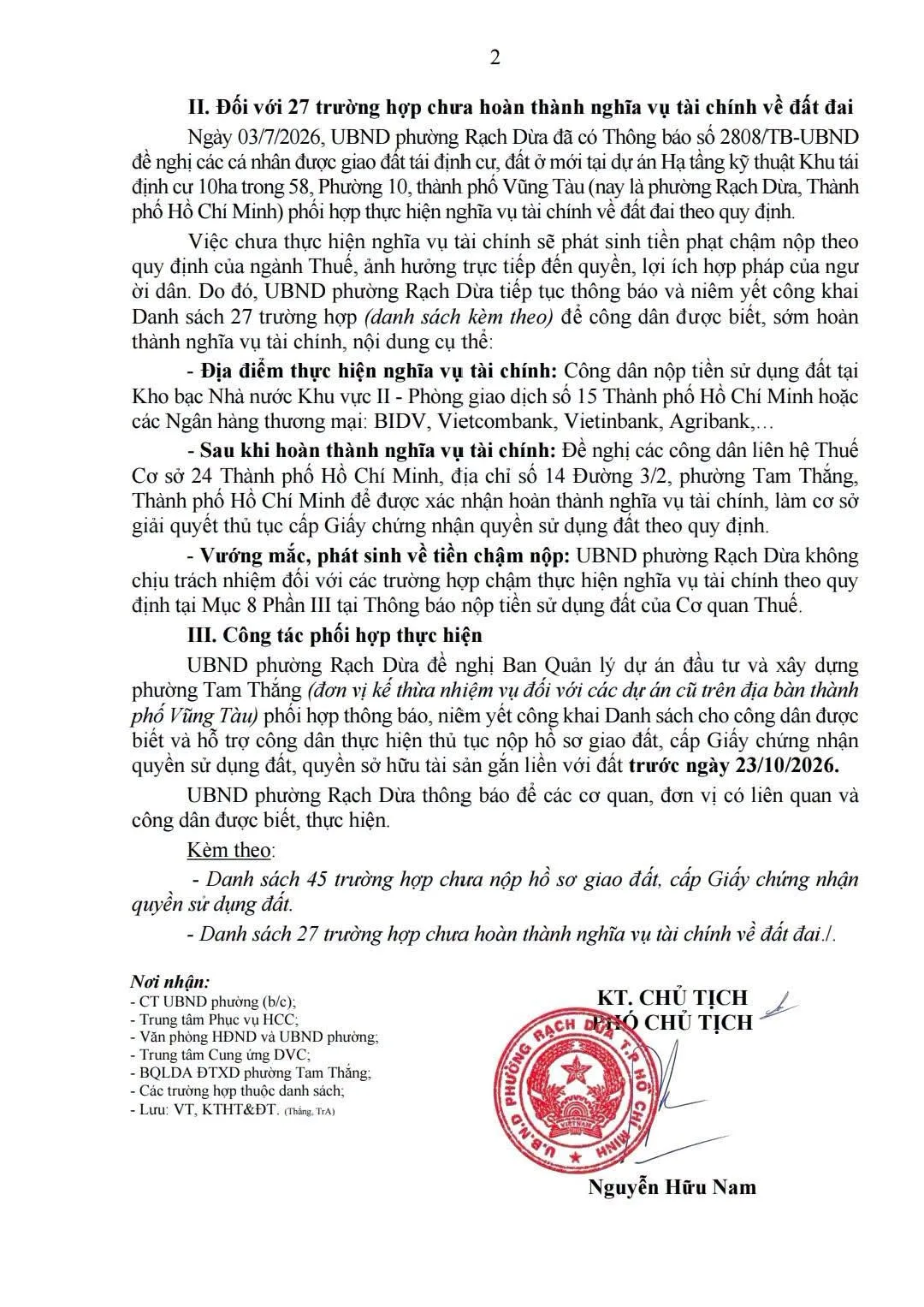 Trang 2 Thông báo số 5094/TB-UBND về nghĩa vụ tài chính và công tác phối hợp thực hiện